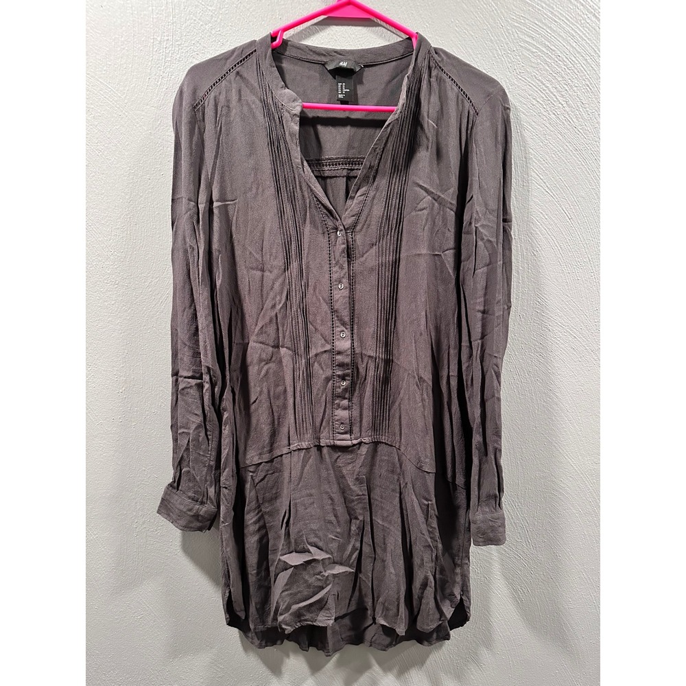HM Womens Pintuck Pleated Mini Dress Dark Taupe Grey Lace Trim Long Sleeve 10